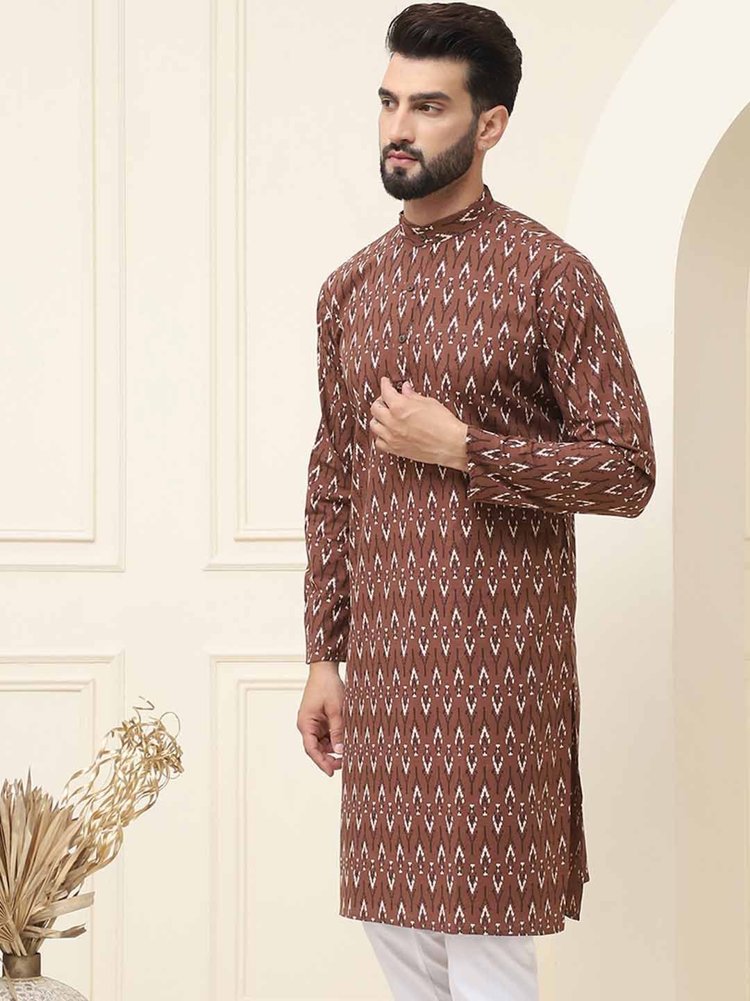 SOJANYA Motif Etnik Bercetak Kolar Jalur Biasa Kapas Tulen Kurta Lurus