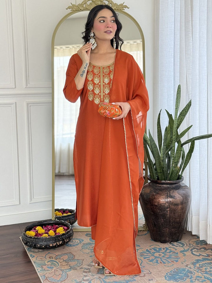 KALINI Women Ethnic Motifs Embroidered Thread Work Pure Silk Kurta with Trousers & Dupatta