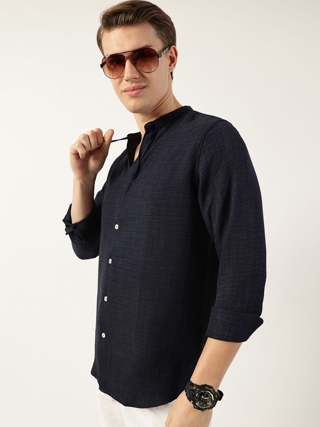 Thomas Scott Men Classic Mandarin Collar Solid Slim Fit Casual Shirt