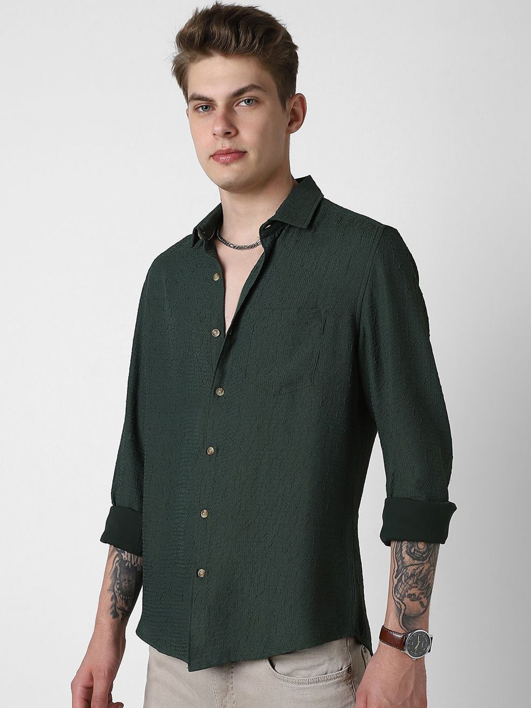VASTRADO Men Classic Spread Collar Textured Slim Fit Casual Shirt