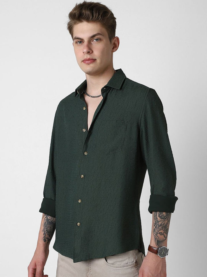 VASTRADO Men Classic Spread Collar Textured Slim Fit Casual Shirt