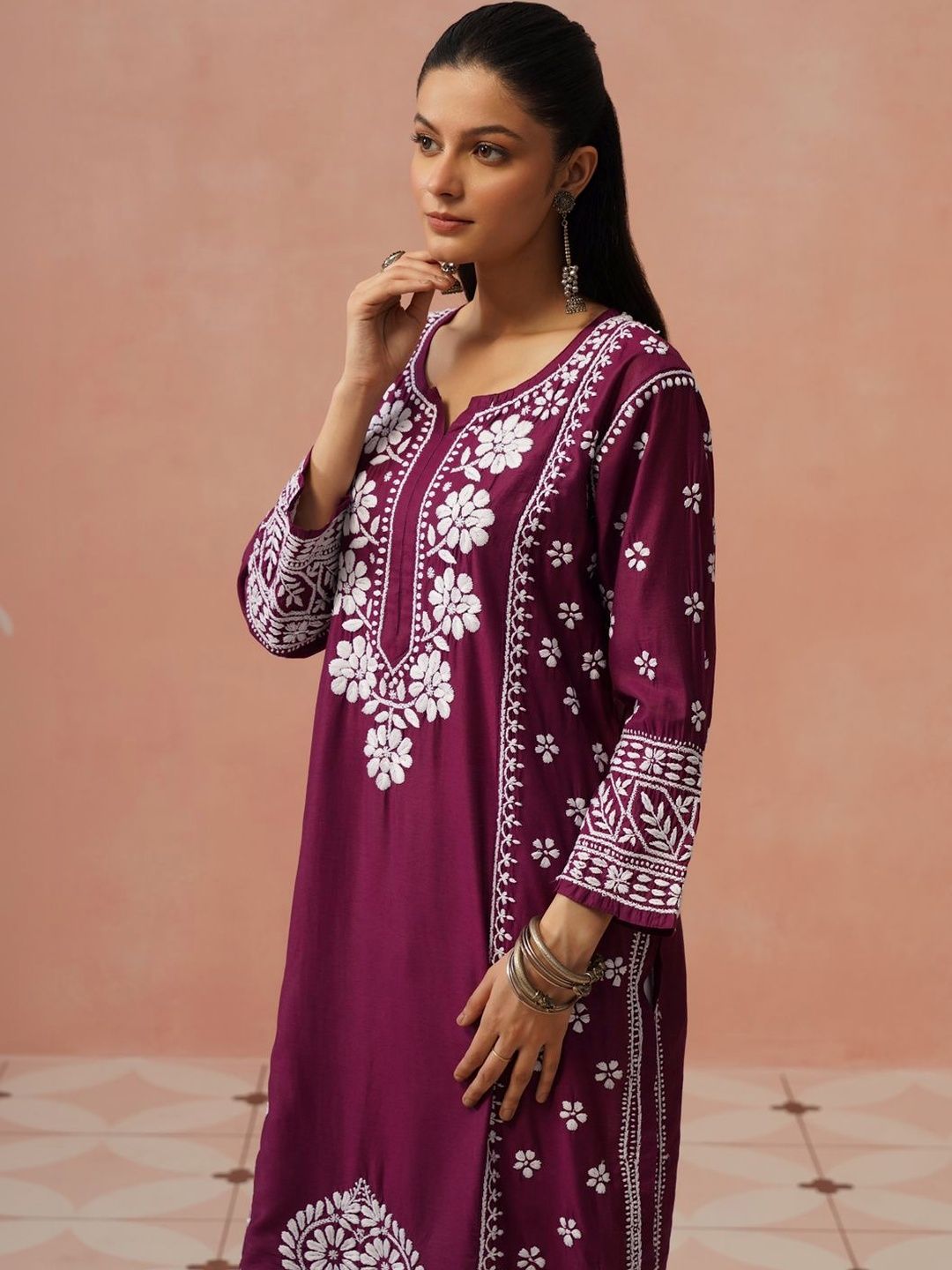 Rumah Wanita Chikankari Sulam Kurta Sutera Chanderi Chikankari