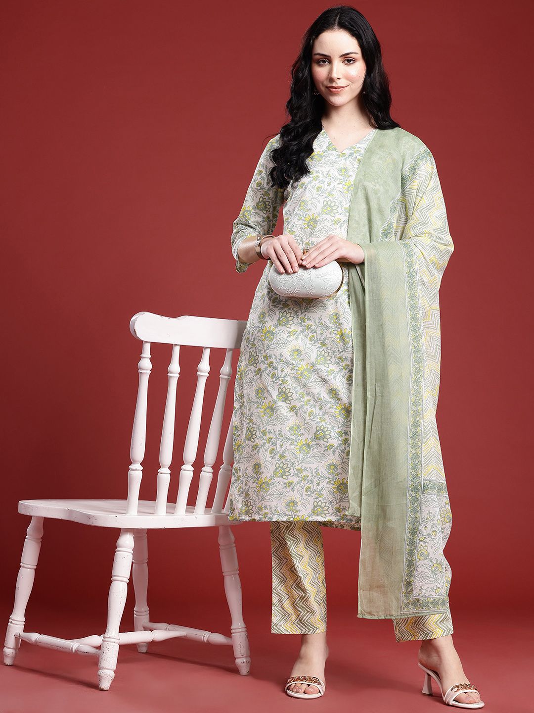 Anouk Floral Printed Regular Pure Cotton Kurta with Trousers & With Dupatta