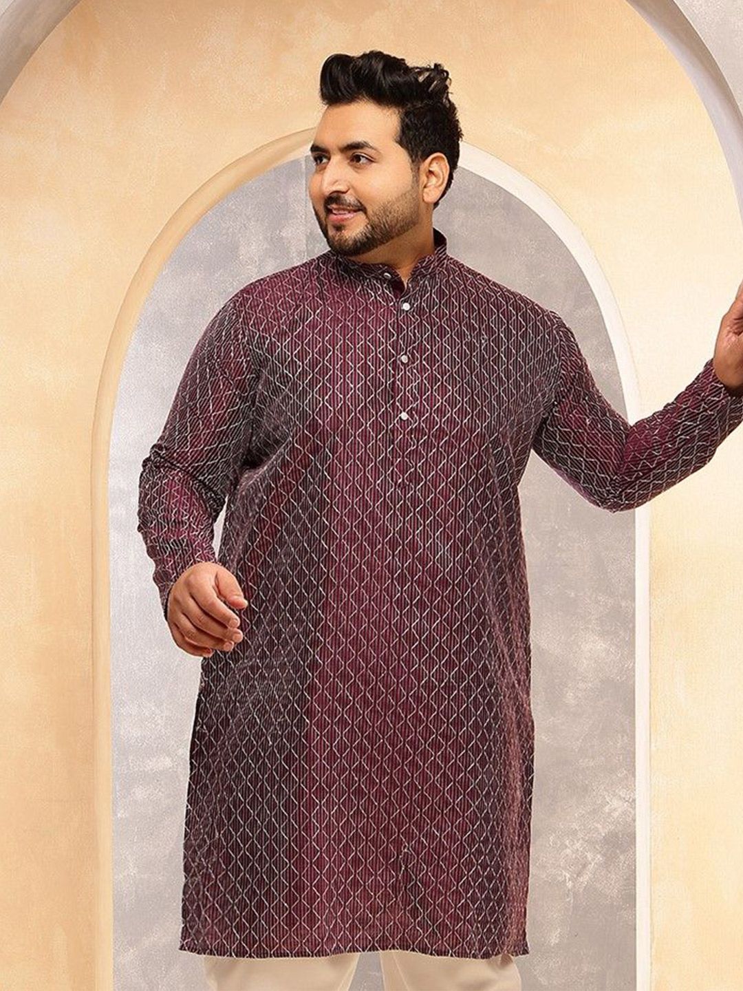 SOJANYA PLUS Men Geometric Printed Festive Silk Straight Kurta