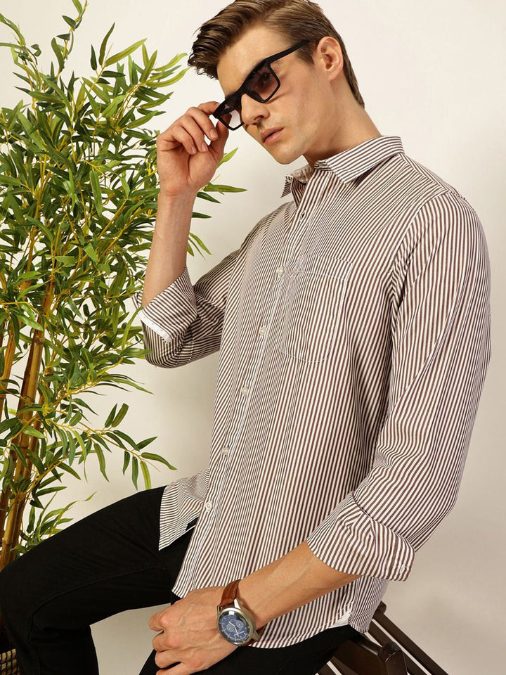 Thomas Scott Men Smart Spread Collar Vertical Striped Cotton Slim Fit Casual Shirt