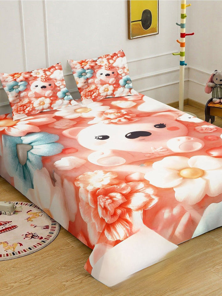 Cetakan Kartun Oren KLOTTHE Dilengkapi Cadar 7D Double King 400 TC Dengan 2 Sarung Bantal