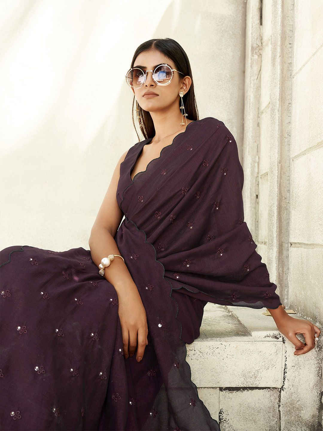 Tikhi Imli Solid Mirror Work Saree
