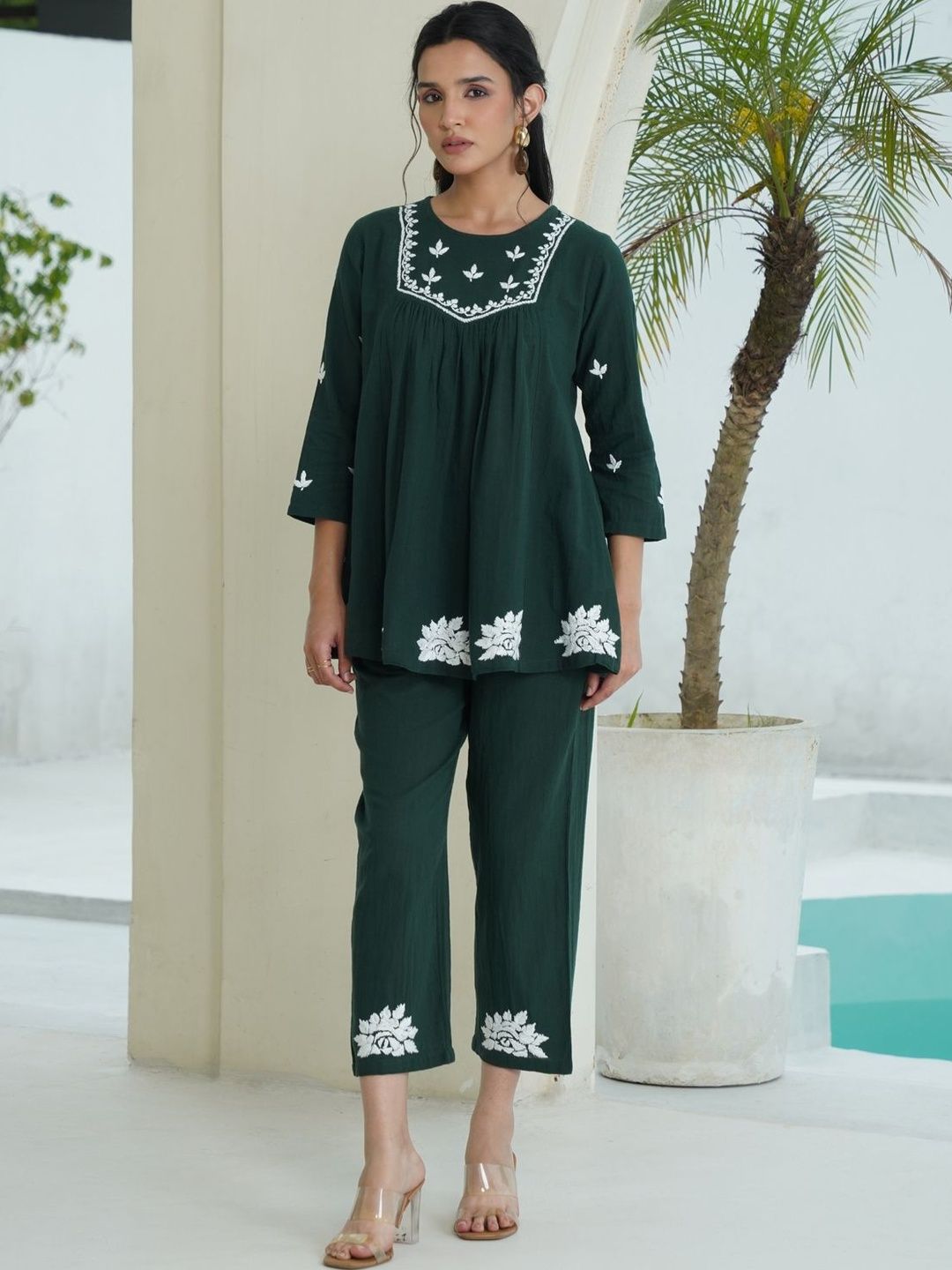 House of Chikankari Green 2 Keping Cotton Solid Tunic dengan Set Co-Ord Seluar