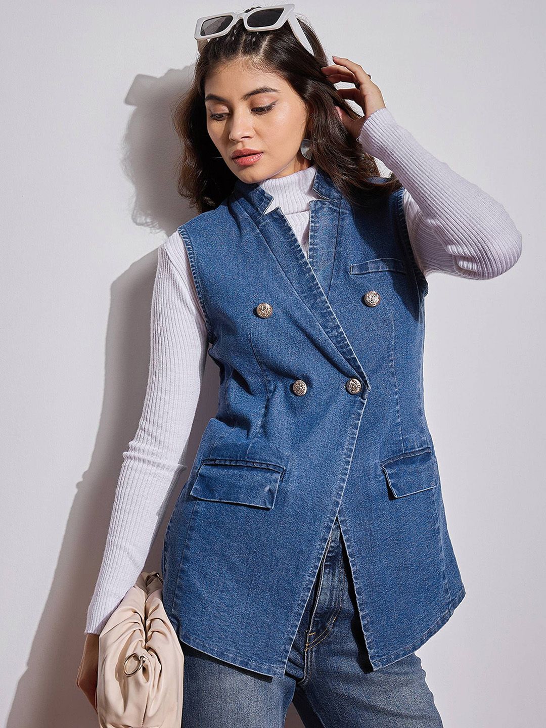 Sassafras wanita lapel collar dibasuh jaket denim kasual pepejal