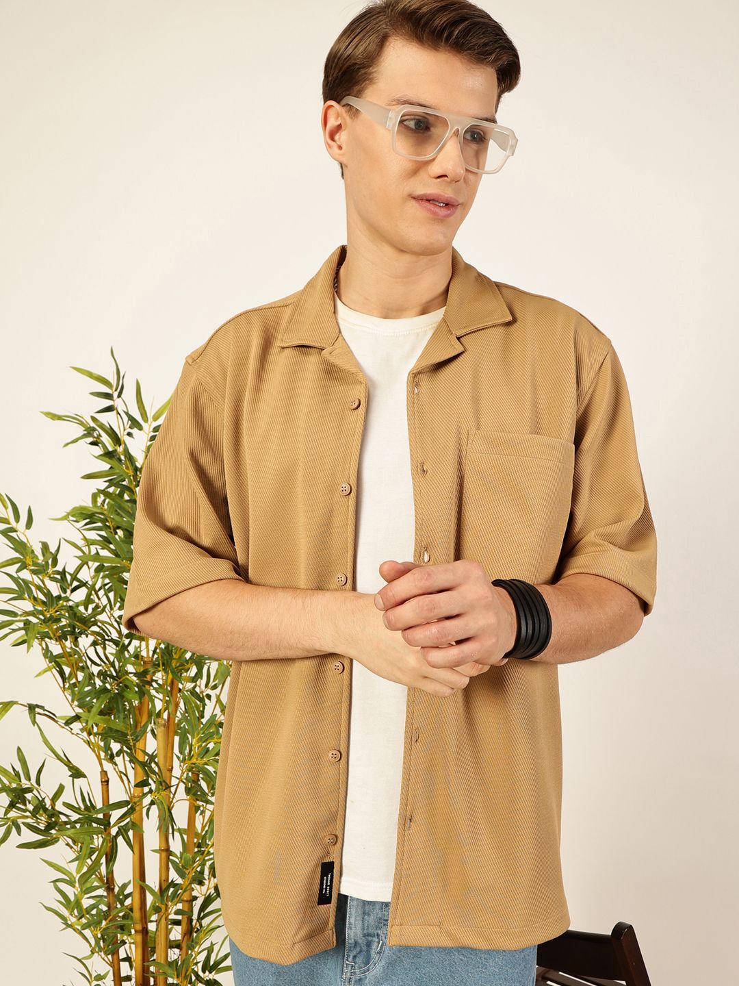 Thomas Scott Men Premium Cuban Collar Textured Cotton Oversized Casual Shirt