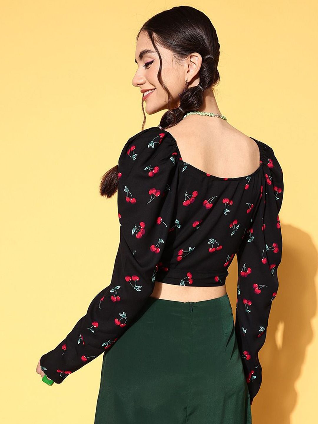 Berrylush Print Sweetheart Neck Puff Sleeve Wrap Crop Top
