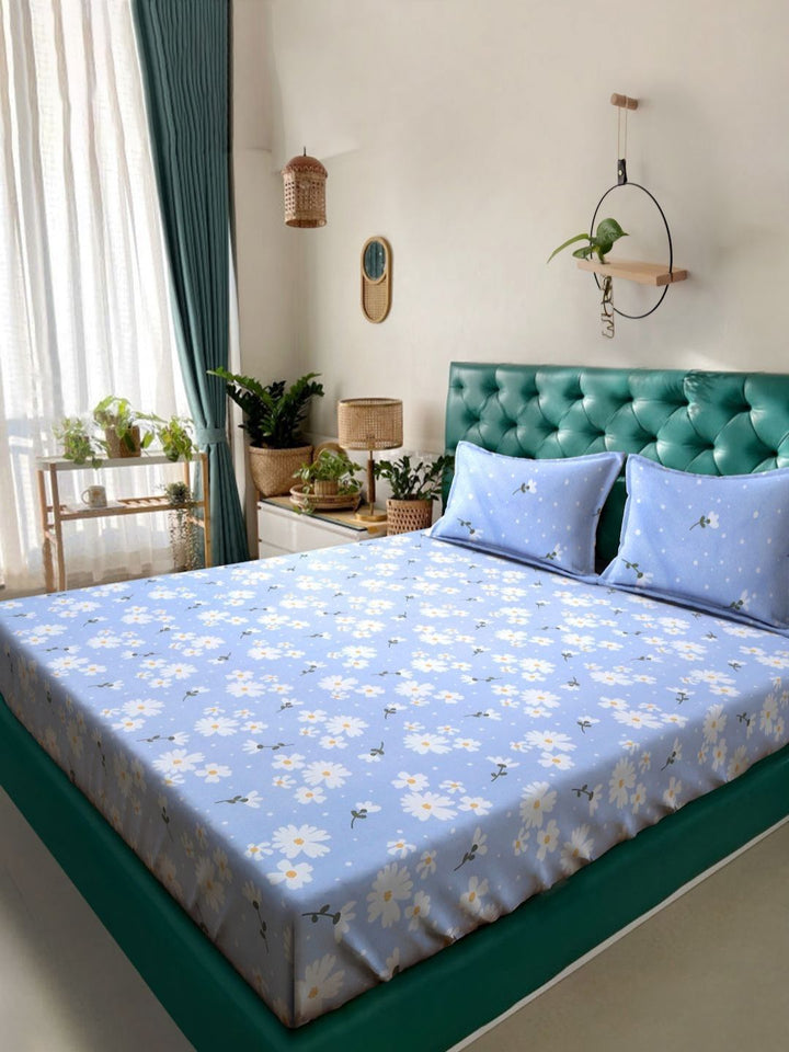 Aura Blue Floral Polycotton 300 TC King Fine Bedsheet with 2 Pillow Covers-98 x 89 inches