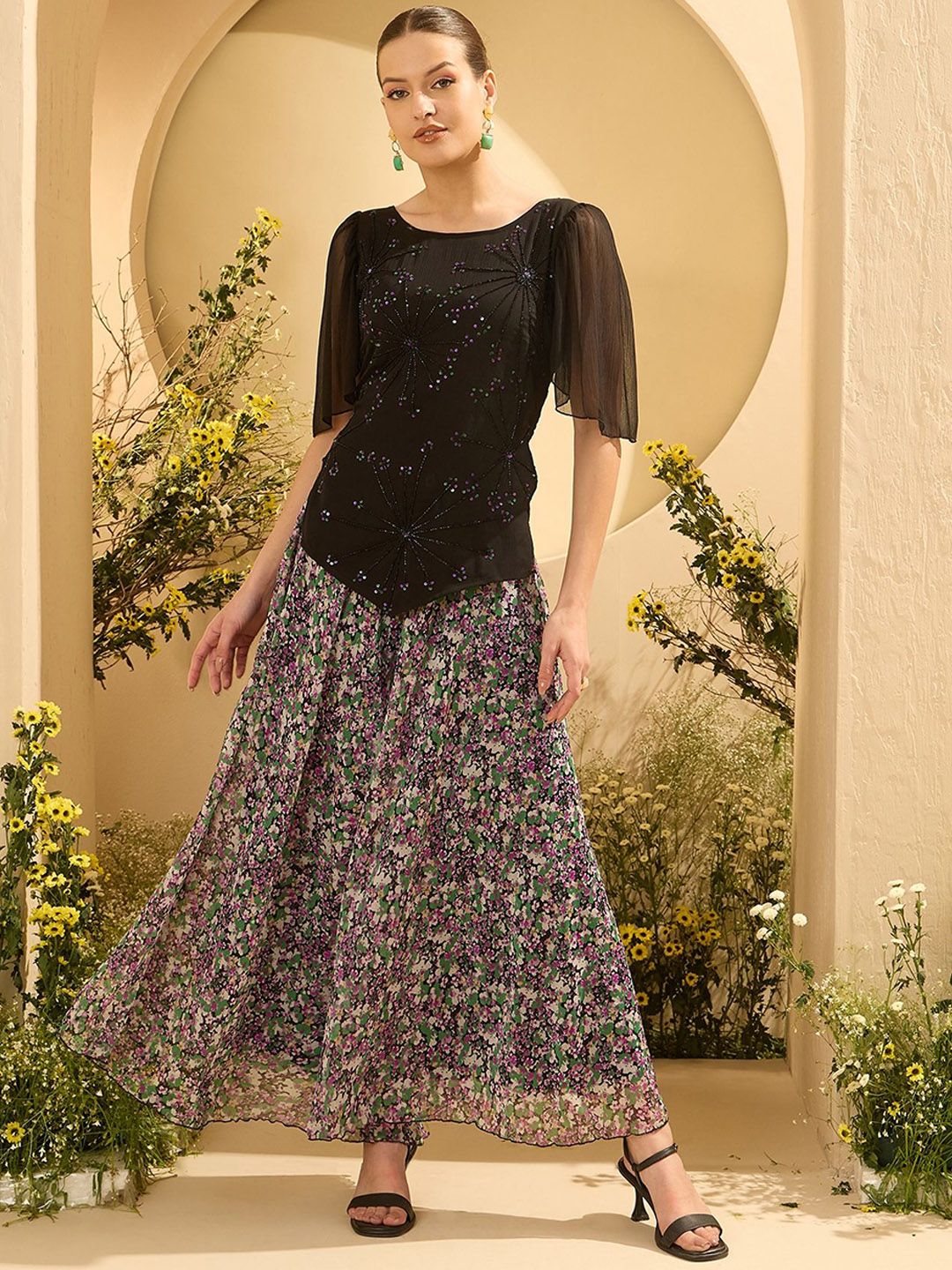 Antheaa Embellished Round Neck Top With Palazzo
