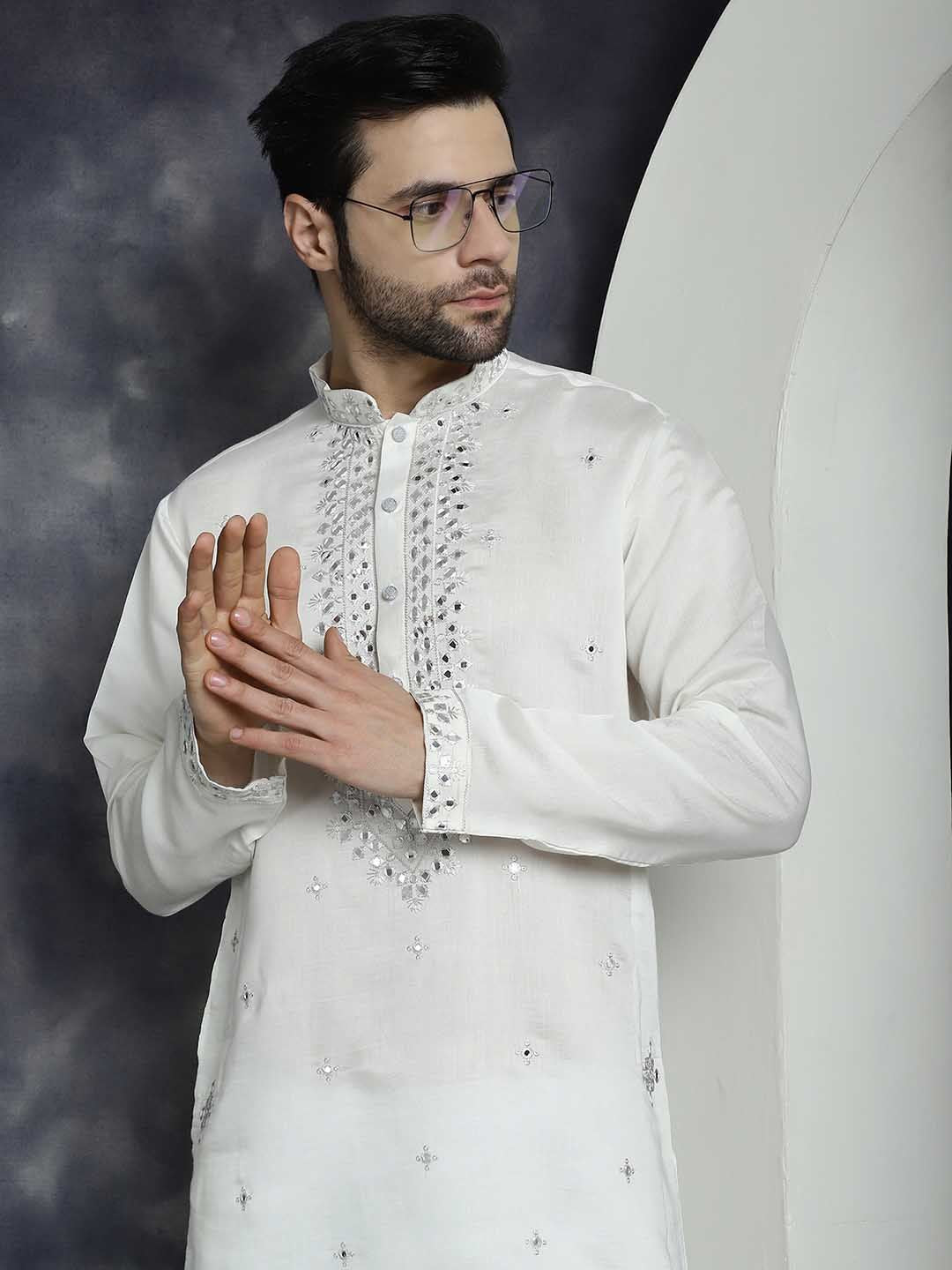 Jompers Geometric Embroidered Regular Mirror Work Kurta With Pyjamas