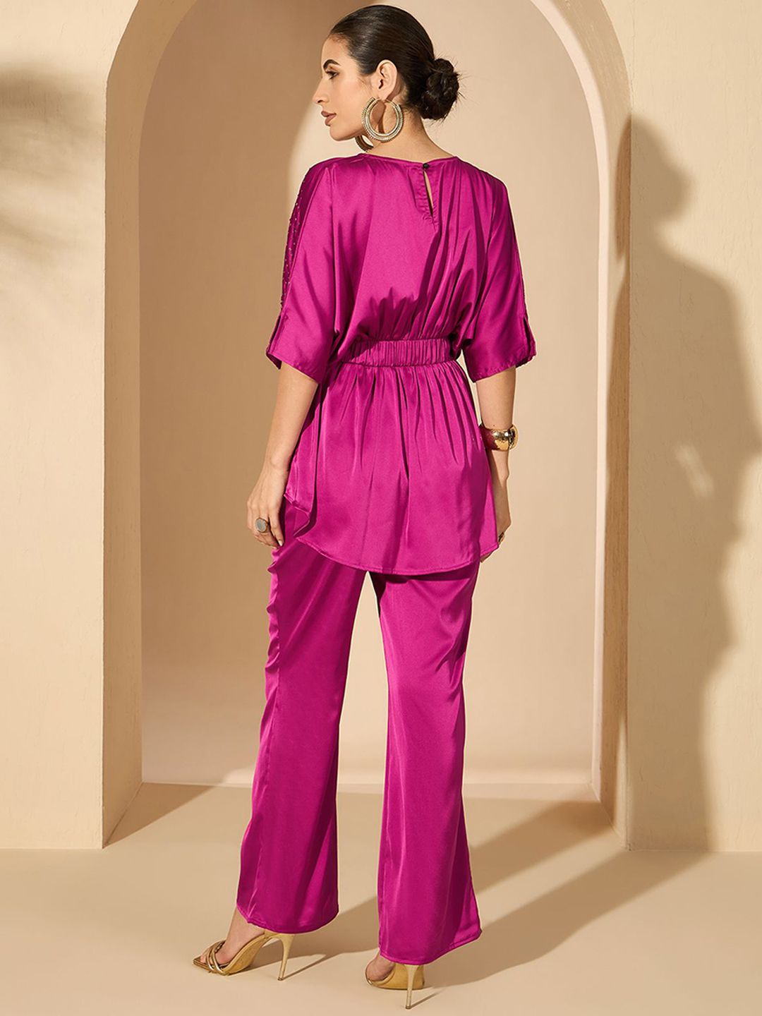 Antheaa Satin Embellished Boat Neck Top With Trousers