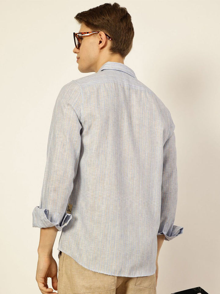 Thomas Scott Men Premium Striped Linen Blend Slim Fit Casual Shirt