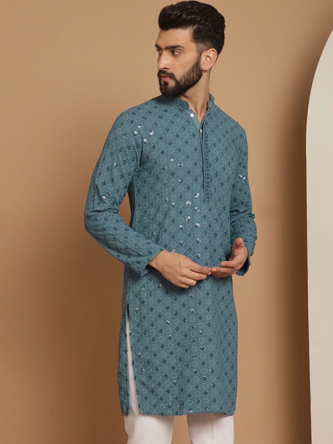 Anouk Men Blue Geometric Cermin Kerja Kurta