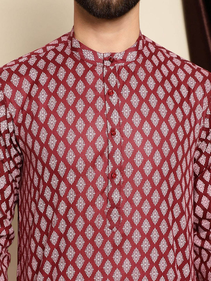 Anouk Maroon Mandarin Collar Ethnic Motifs Printed Straight Kurta with Pyjamas