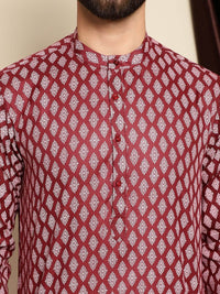 Anouk Maroon Mandarin Collar Ethnic Motifs Printed Straight Kurta with Pyjamas