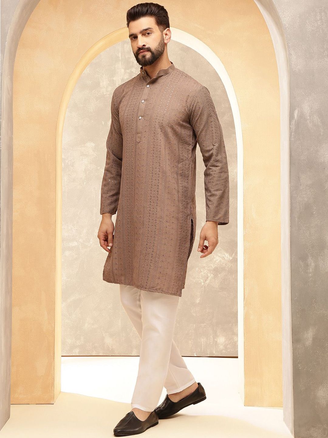 Anouk Brown Geometric Sequence Band Collar Straight Kurta