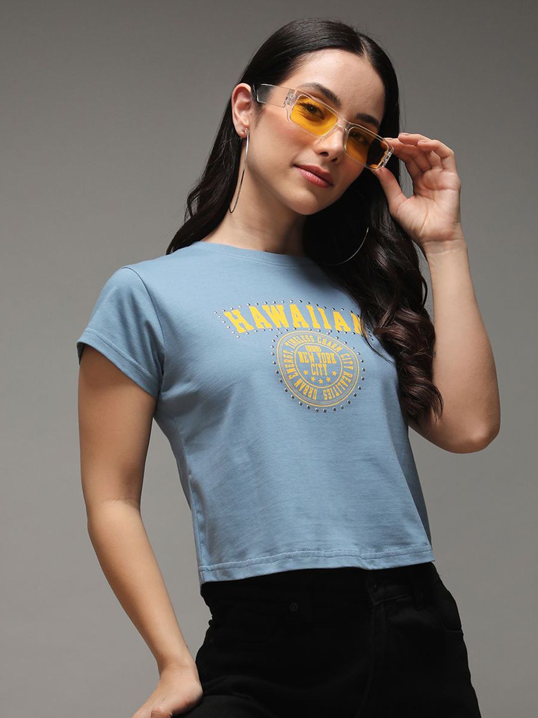 DILLINGER Women Regular Fit Cropped Crew Neck Varsity Printed Tshirt
