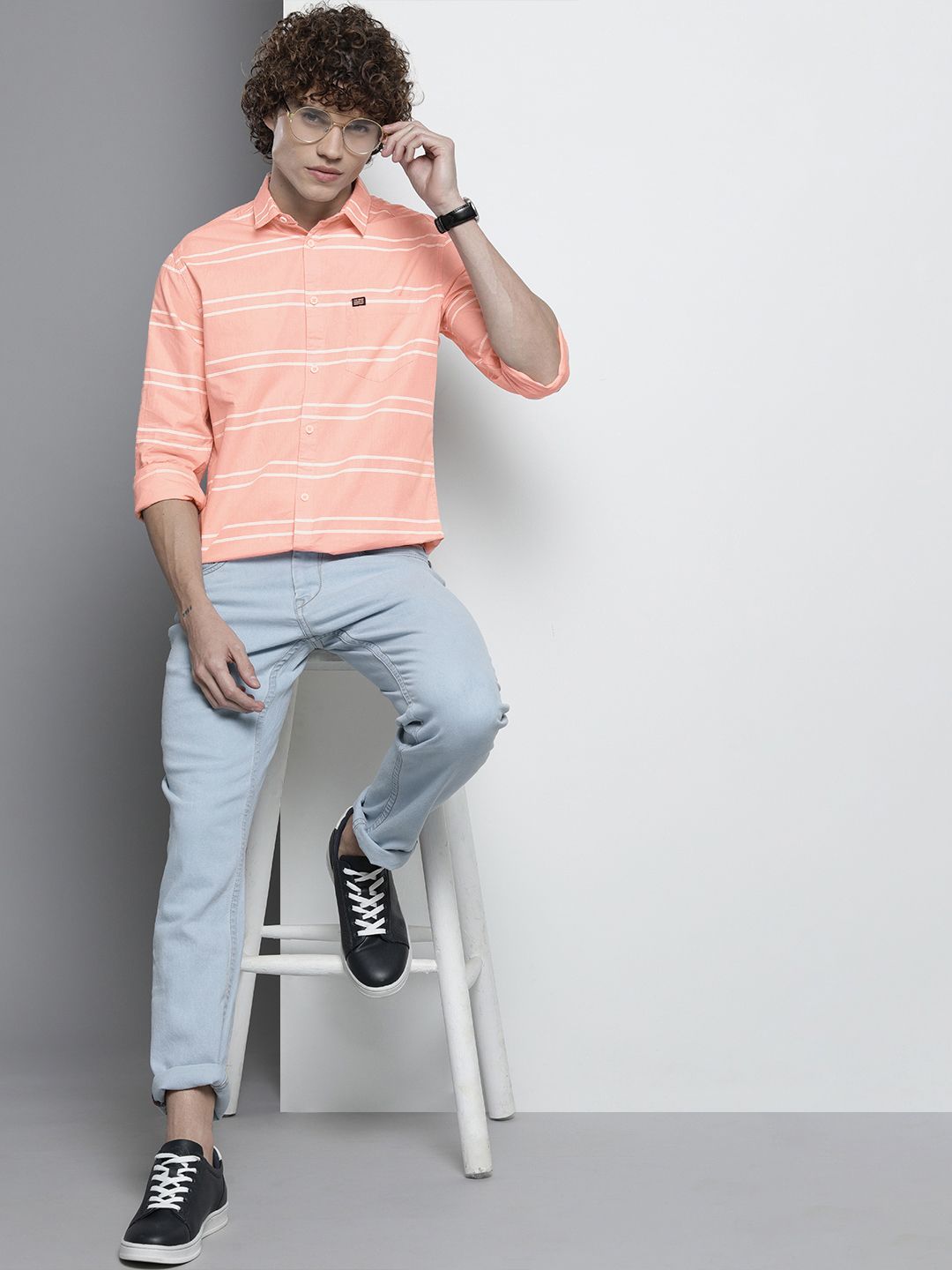 The Indian Garage Co Men Peach-Coloured Horizontal Striped Casual Shirt