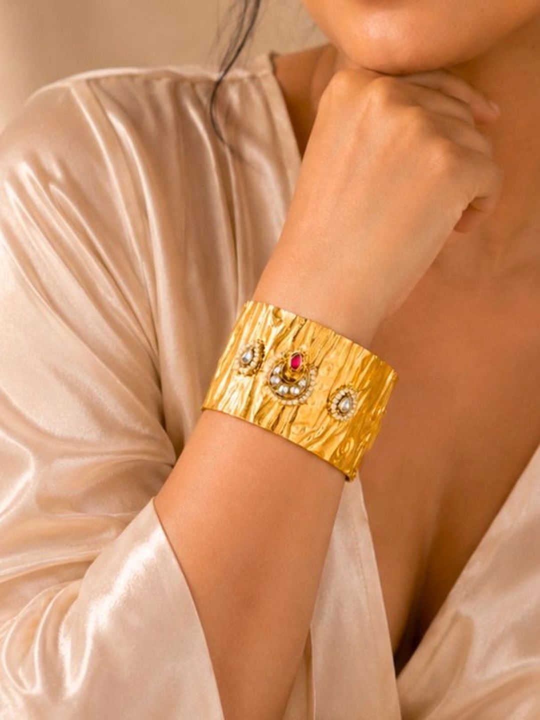 PANASH Women Brass Antique Gold-Plated Cuff Bracelet