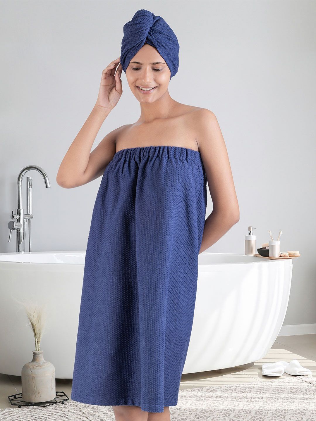 MYTRIDENT Blue Cotton Bath Robe With HeadWrap