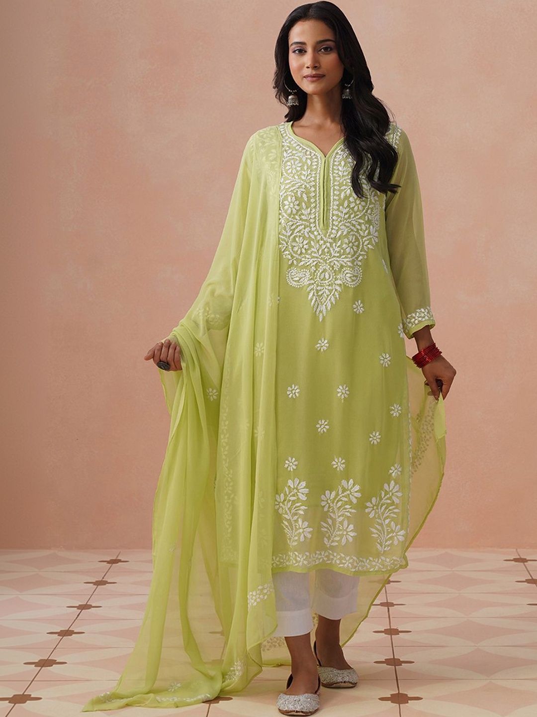 Rumah Wanita Chikankari Kerja Benang Sulam Georgette Kurta