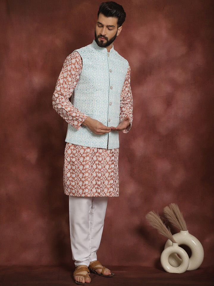 Anouk Embroidered Regular Thread Work Kurta With Churidar & Nehru Jacket