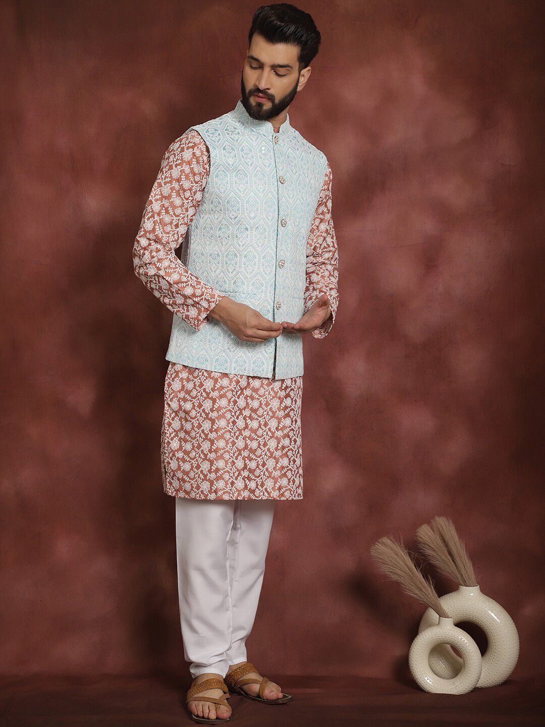 Anouk Embroidered Regular Thread Work Kurta With Churidar & Nehru Jacket
