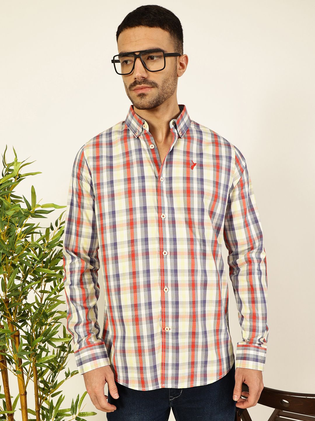 Thomas Scott Men Premium Spread Collar Tartan Checked Cotton Slim Fit Casual Shirt
