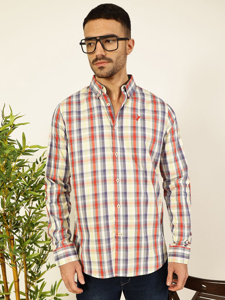 Thomas Scott Men Premium Spread Collar Tartan Checked Cotton Slim Fit Casual Shirt