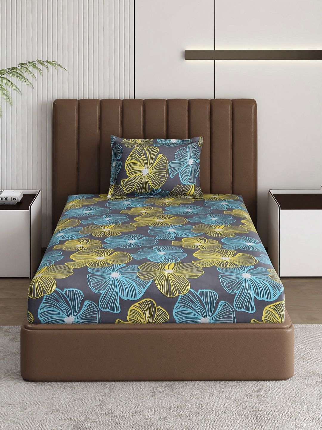 Monte Carlo Pixel Grey & Yellow Floral Printed 120 TC Single Bedsheet Set 1.52 m x 2.30 m