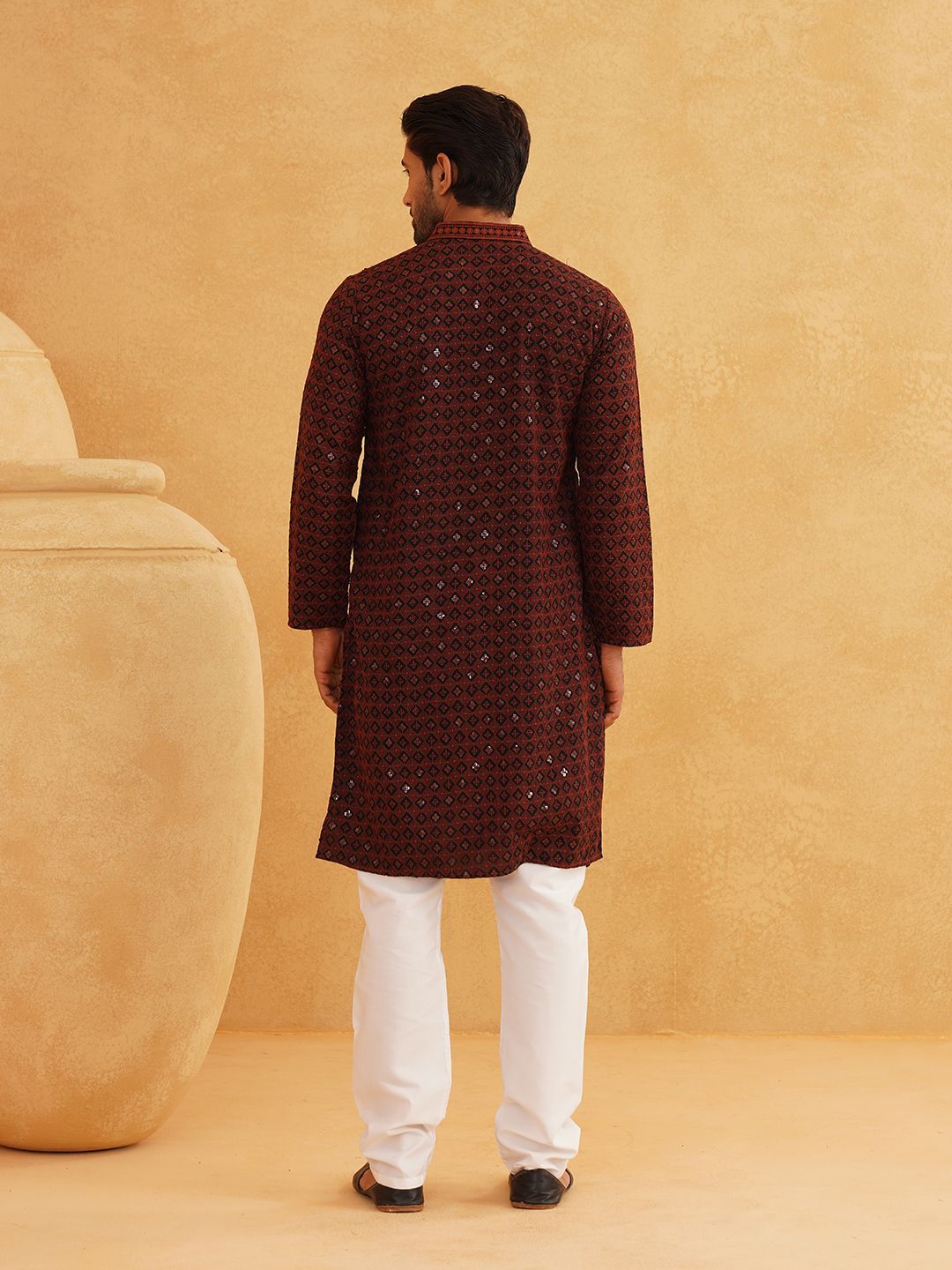 SOJANYA Motif Etnik Sulam Kolar Mandarin Labuci Kapas Tulen Kurta Lurus