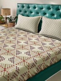 KLOTTHE Beige & Brown Geometric Printed Cotton 400 TC King Bedsheet Sets 2.5 m x 2.25 m