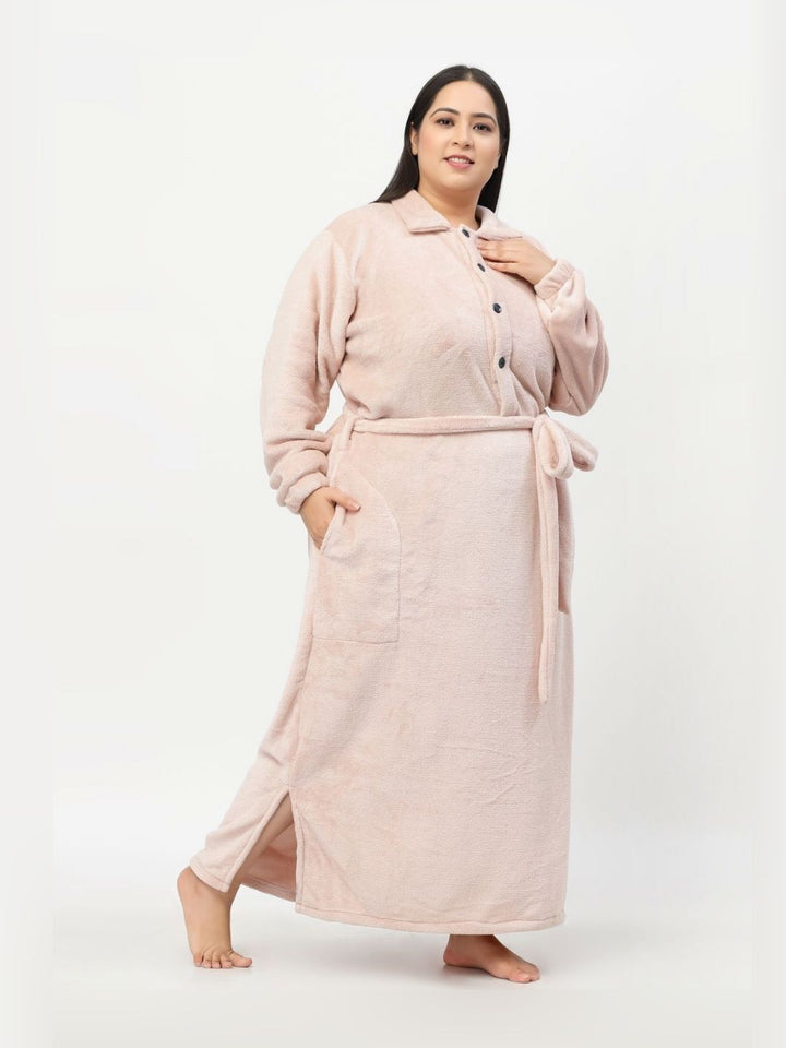 KLOTTHE Plus Size Pink Woollen Long Sleeves Bath Robe With Belt