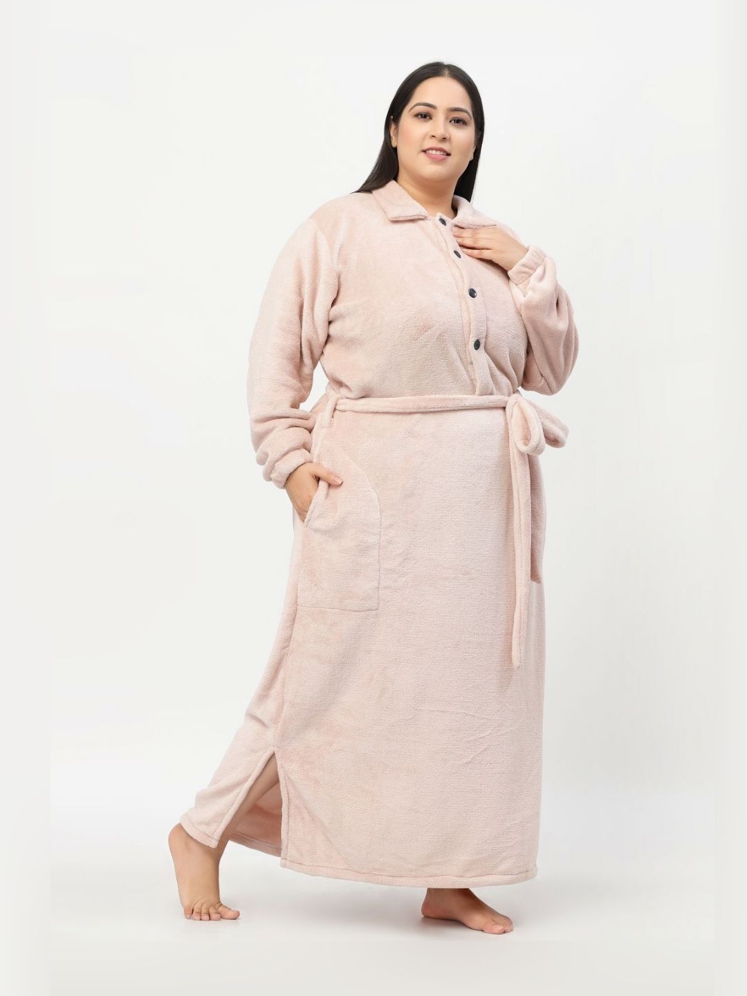 KLOTTHE Plus Size Pink Woollen Long Sleeves Bath Robe With Belt
