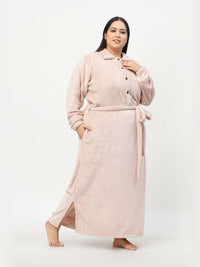 KLOTTHE Plus Size Pink Woollen Long Sleeves Bath Robe With Belt