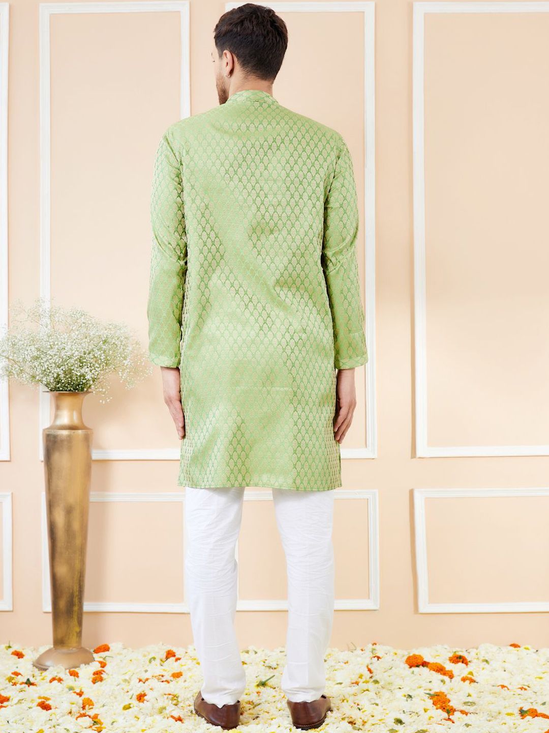 See Designs Ethnic Motifs Woven Design Mandarin Collar Pure Silk Straight Kurta