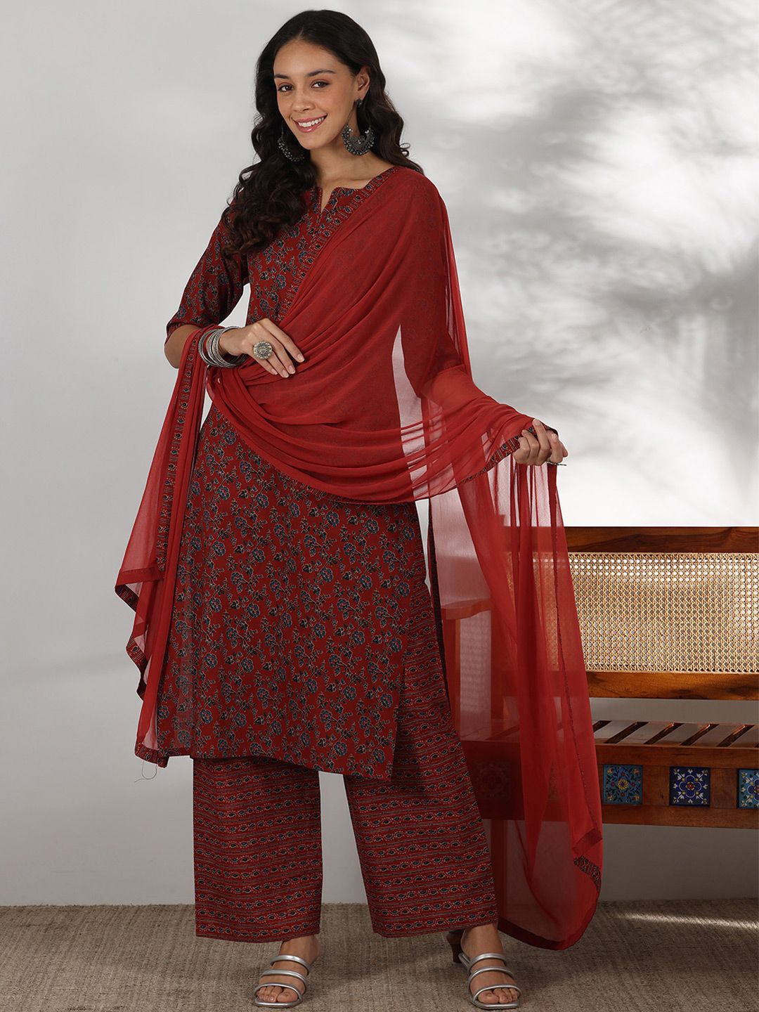 Libas Floral Printed Notch Neck Pure Cotton Straight Kurta with Palazzos & Dupatta