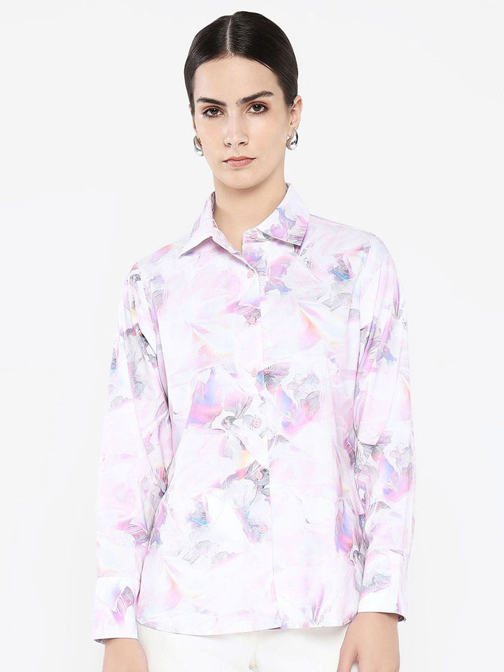 Rareism Women Floral Printed Shirt Collar Cotton Top