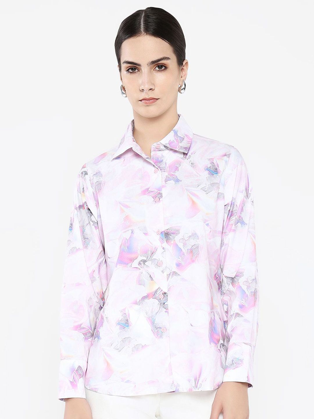 Rareism Women Floral Printed Shirt Collar Cotton Top