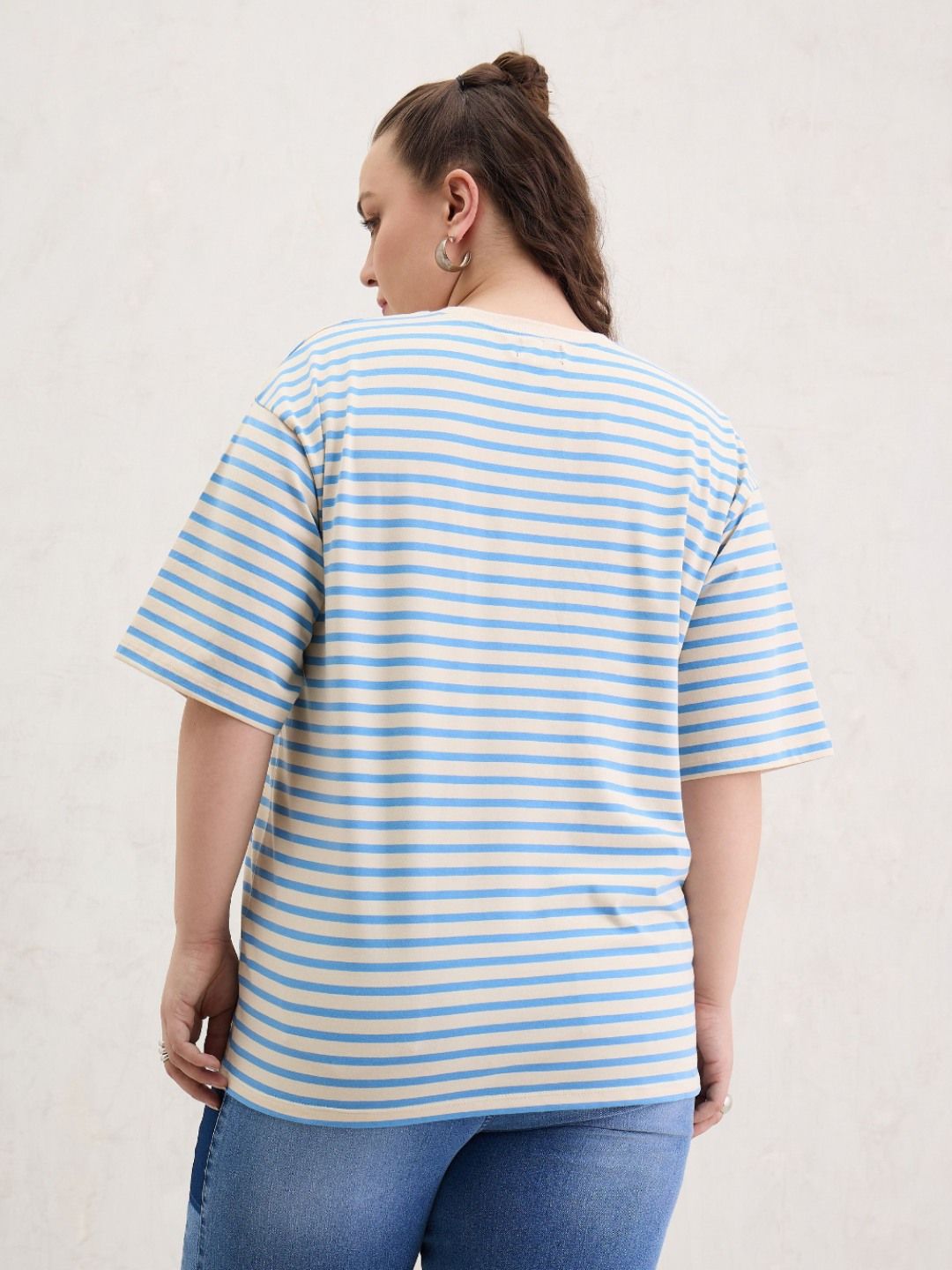 SASSAFRAS Curve Women Plus Size Striped Round Neck Relaxed Fit T-shirt