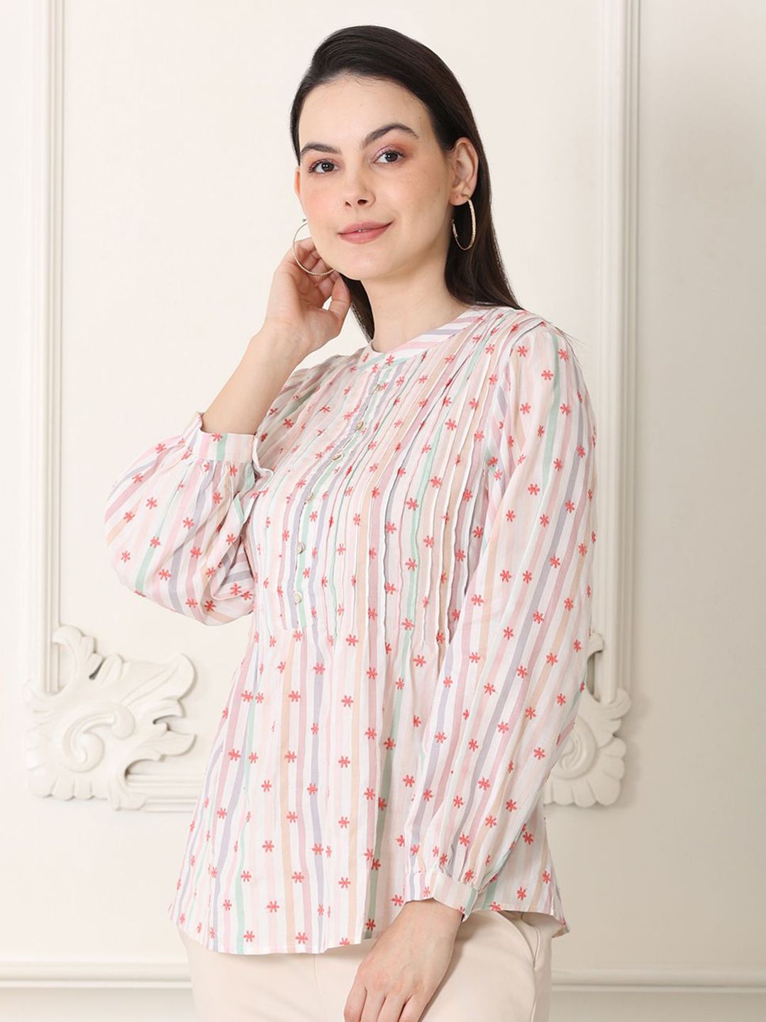 W Floral Print Puff Sleeve Cotton Top