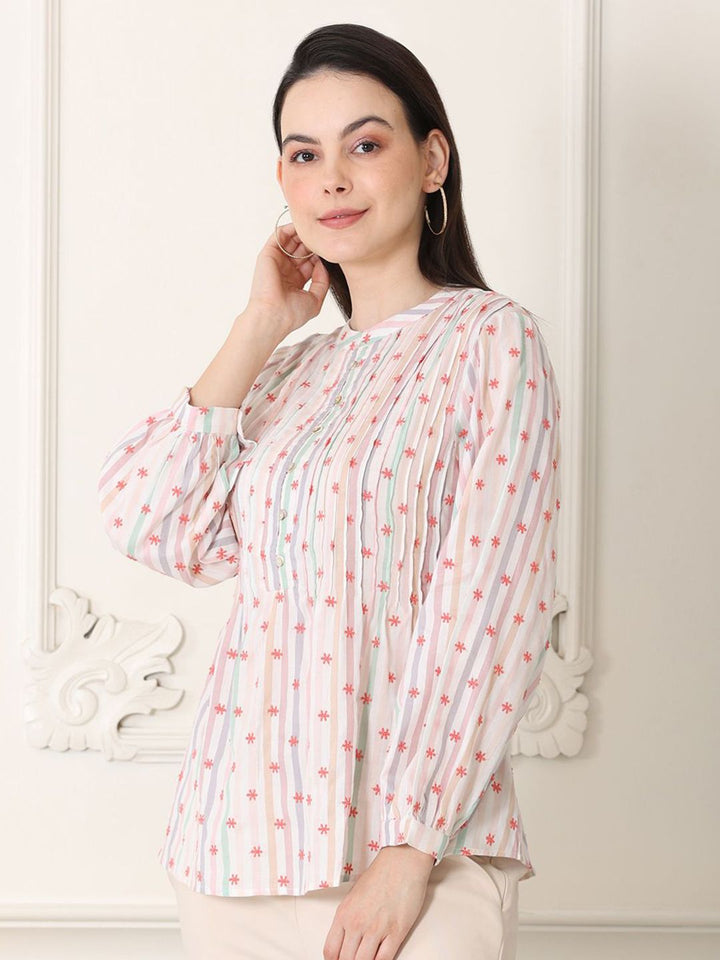 W Floral Print Puff Sleeve Cotton Top