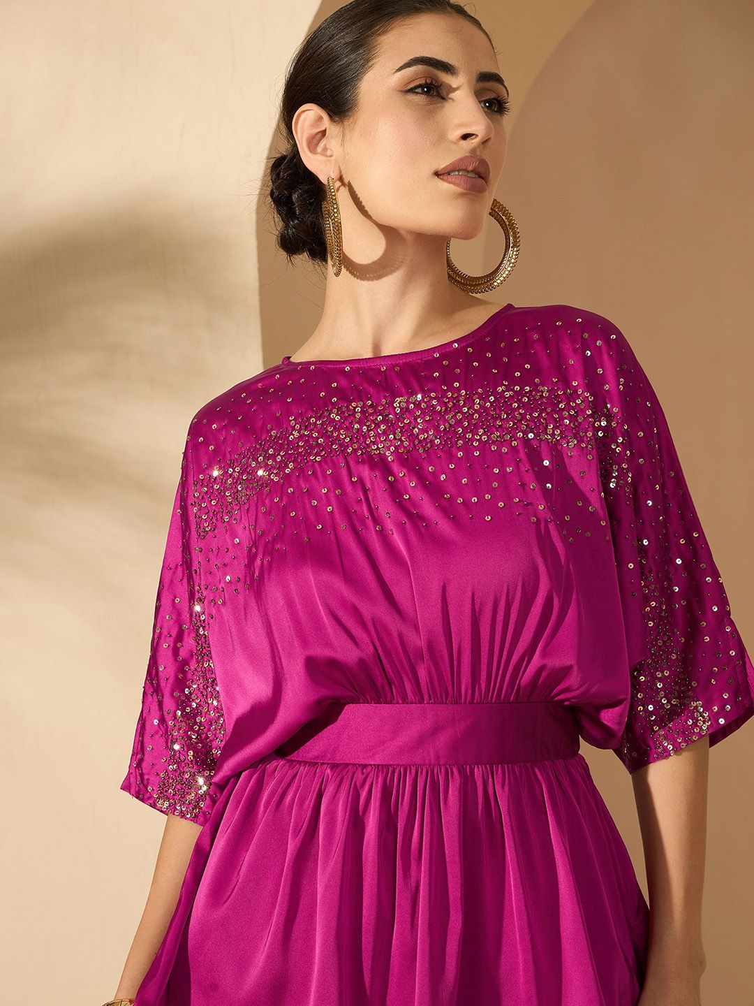 Antheaa Satin Embellished Boat Neck Top With Trousers