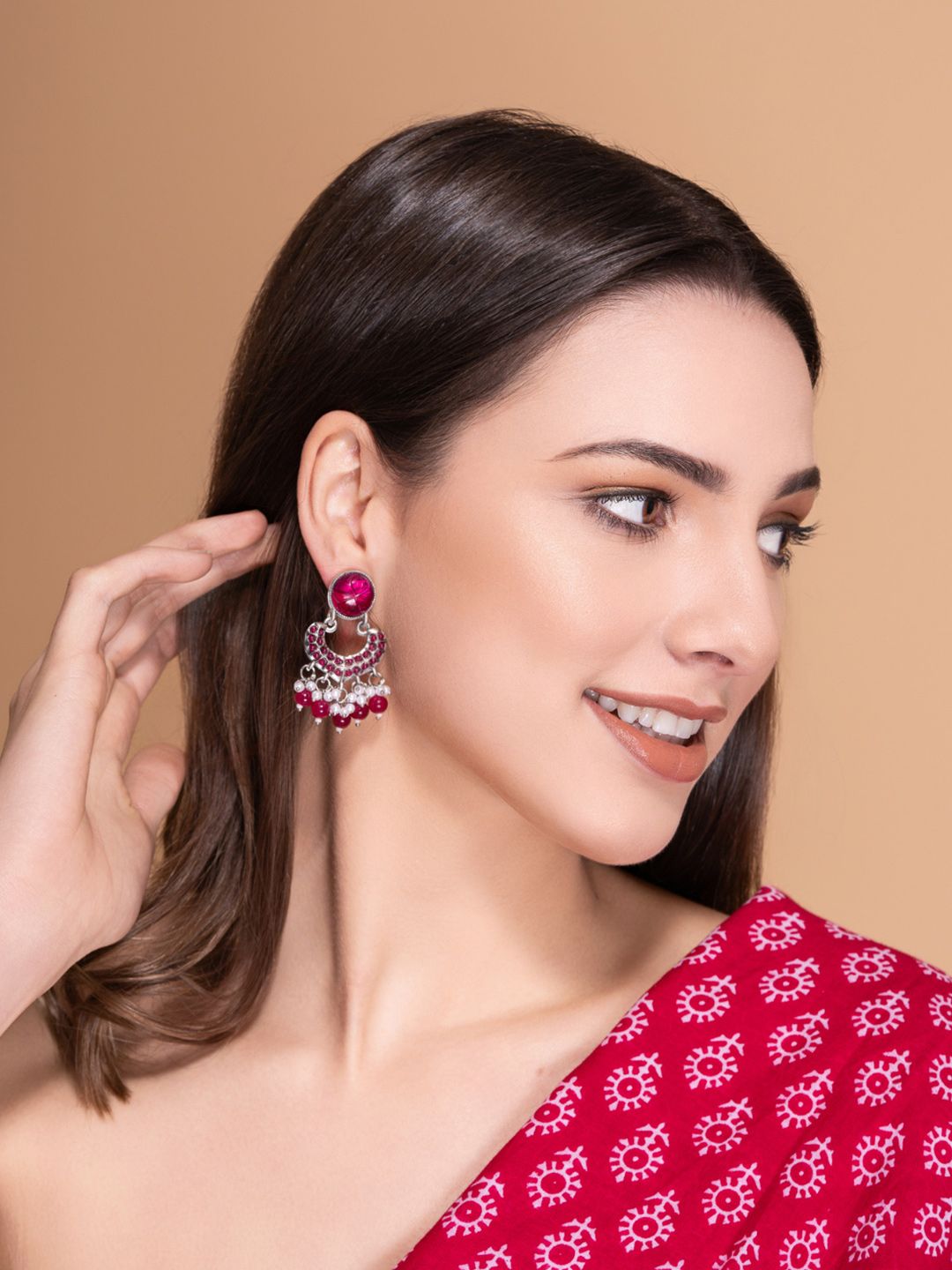 PANASH Silver-Plated Stones Studded And Beaded Contemporary Shaped Oxidized Drop Earrings