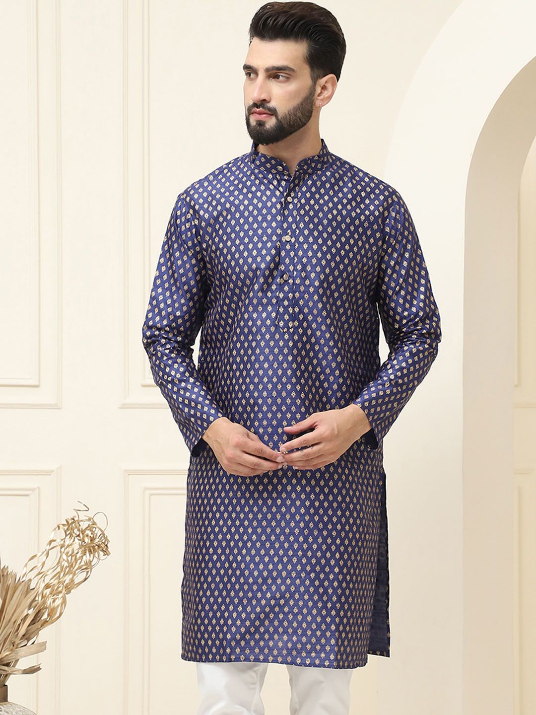 SOJANYA Kurta Lurus Motif Etnik Rekaan Tenunan Bercetak Kolar
