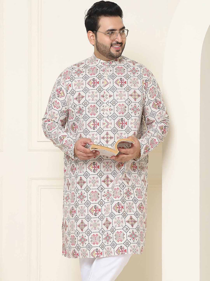 SOJANYA PLUS Ethnic Motifs Printed Band Collar Straight Cotton Linen Kurta